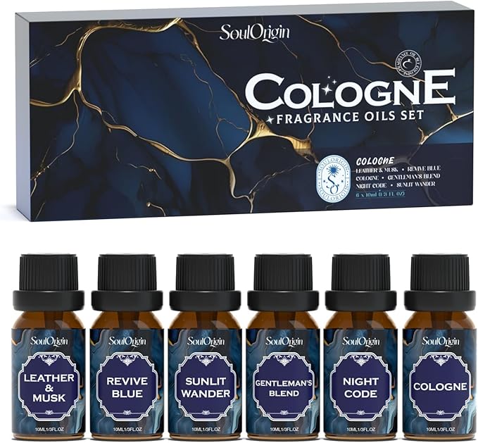 Cologne Fragrance Oils Set, Essential Oil for Diffuser, Men Scent Diffuser Oil, Use for Soap Candle Making, Cologne, Leather&Musk, Revive Blue, Sunlit Wander, Gentleman's Blend, Night Code