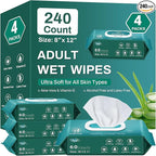 [240 Count] Adult Wipes for Elderly, 8" x 12" Extra Large Adult Wipes for Incontinence & Cleansing - Disposable Washcloth for Elderly Bathing No-Rinse - Vitamin E & Aloe