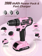 Pink Cordless Drill Set 215 Pcs, 21V Pink Power Drill Tool Set Kit with Storage Bag, Electric Drill Set for Women, Precision Screwdriver set, Magnetic Tool Belt, ToolBox for DIY Projects
