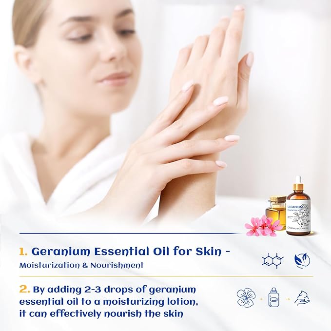 HIQILI 100ML Geranium Essential Oil for Skin, Diffuser & Candle, 100% Pure and Natural - 3.38 Fl Oz