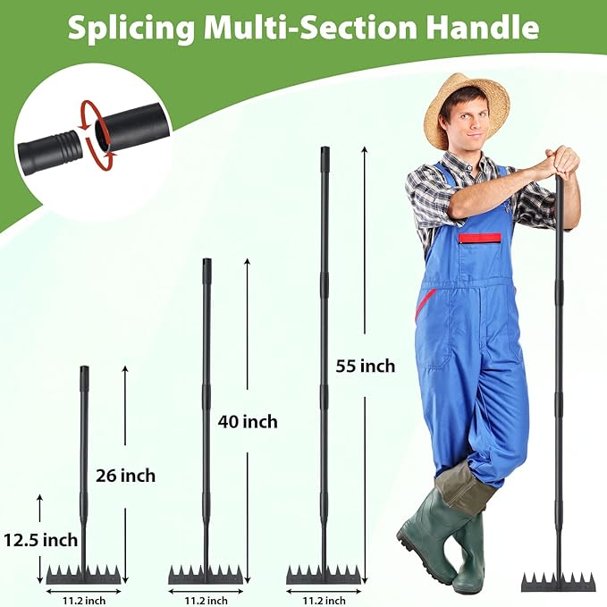 Manual Weeder Tool,8 Tines Garden Weeding Rake with Sharp Blade,55 Inch Long Handle,Heavy Duty Stand Weeding Tool for Weeding Loosening Soil Gathering Leaf Leveling Thatch Rake