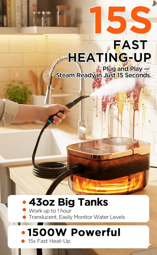 Steam Cleaner for Home, 15s Fast Heat-Up, 6 Level Adjustable Steam, 43oz Big Tanks, 79" Steam Hose, 8 Cleaning Brush Head, 1500W Portable Handheld Steam Cleaner for Cleaning Home, Floor, Wall, Car