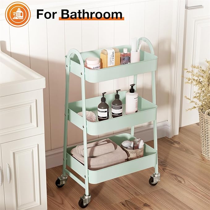 3-Tier Metal Rolling Utility Cart, Small Rolling Cart Kitchen Trolley Bathroom Laundry Room Bar Office Shelves Storage Organizer Shelving Unit with Caster Wheels for Narrow Places, Green