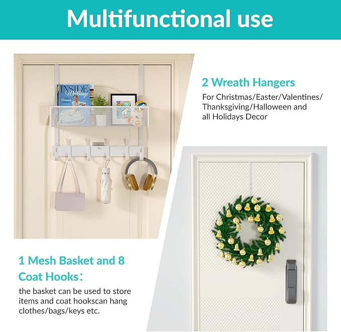 LUCYCAZ Over The Door Hooks Organizer, Door Hanger Storage with Coat Hooks Wreath Hanger & Mesh Basket, Over The Door Towel Rack Door Organizer for Bathroom,Bedroom,Kitchen (White), OVTD01