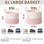 JMvicyroam 65L Extra Large Blanket Basket for Living Room - Woven Cotton Rope Laundry Hamper with Reinforced Handles - Storage Bin for Pillows, Comforters & Toys - Machine Washable,White&Pink