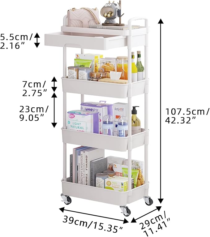 Calmootey 4-Tier Rolling Utility Cart with Drawer,Multifunctional Storage Organizer with Plastic Shelf & Metal Wheel,Storage Cart for Kitchen,Bathroom,Living Room,Office,White