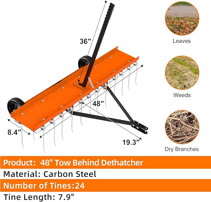 48" Tow Behind Lawn Dethatcher, Pull Behind Rake with 24 Rust-Proof Tines and Heavy Tires, Lawn Tractor Rake with Lift Handle, Tow Behind Rakes to Remove Thatch, Leaves from Large Lawn Area