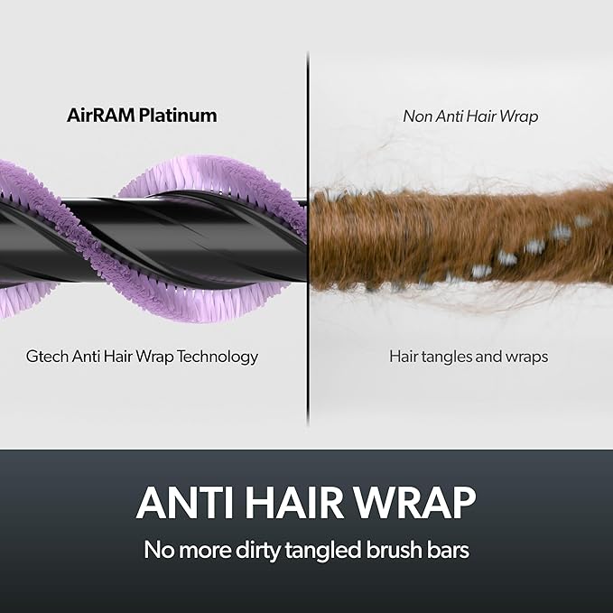 Gtech AirRAM Platinum Cordless Vacuum Cleaner - Includes Anti-Hair Wrap Brush Bar - Perfect for Carpet and Hardwood Floors - Rechargeable 22v Li-ion Battery - Lightweight (7 lbs.)