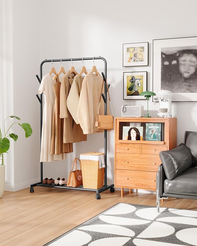 Sakugi Clothes Rack - Metal Coat Rack with Bottom Shelf, Portable Wardrobe Rack with 6 Side Rods, Rolling Clothing Rack for Hanging Clothes for Bedroom or Laundry Room (Black, 28.7 x 17 x 59.4)