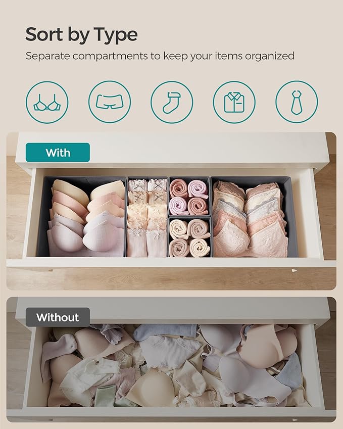 SONGMICS Drawer Organizer, Dresser Drawer Organizers, Set of 6, Foldable Fabric Storage Bins for Socks, Underwear, Bras, Ties, Scarves, Slate Gray URDZ06G