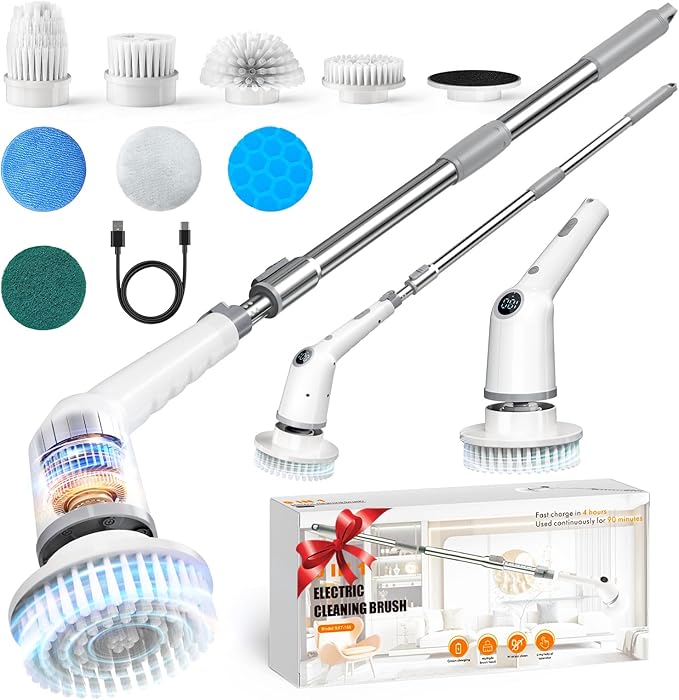 Electric Spin Scrubber,Cordless Cleaning Brush,Bathroom Shower Scrubber with Long Handle Adjustable,3 Speeds,IPX7 Waterproof,Digital Display,8 Replaceable Brush Heads for Tile Bathtub Car Kitchen Wall