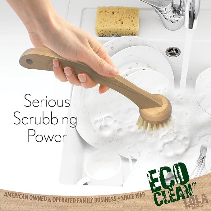 LOLA Products Eco Clean Bamboo Dish Brush | Multipurpose, Eco-Friendly | Durable Ergonomic Renewable Bamboo Handle for Maximum Cleaning Torque | Fibers Made from Recycled Soda/Water Bottles - 1 CT