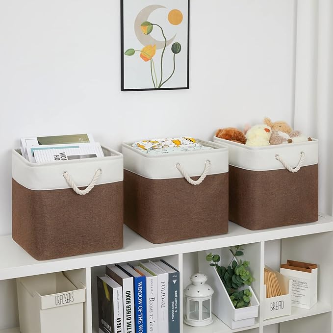 Bidtakay Collapsible Rustic Cube Storage - Brown Cloth Baskets with Handles, 13x13x13 Inch, Set of 3 Fabric Storage Bins