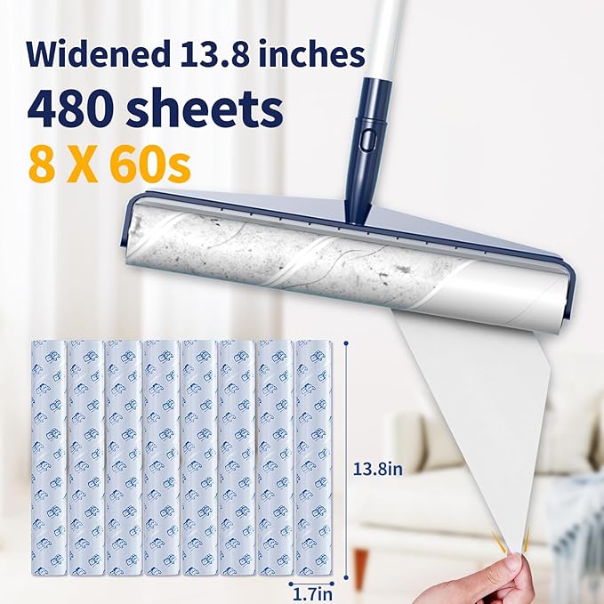 13.8in Lint Roller Refills Large Lint Roller Refill (8 Packs 480 Sheets) for Lint Remover, Pet Mega Extreme Stick Refill for Floor Roller, Cleaning for Carpets, Cars, Clothing, and Pet Hair