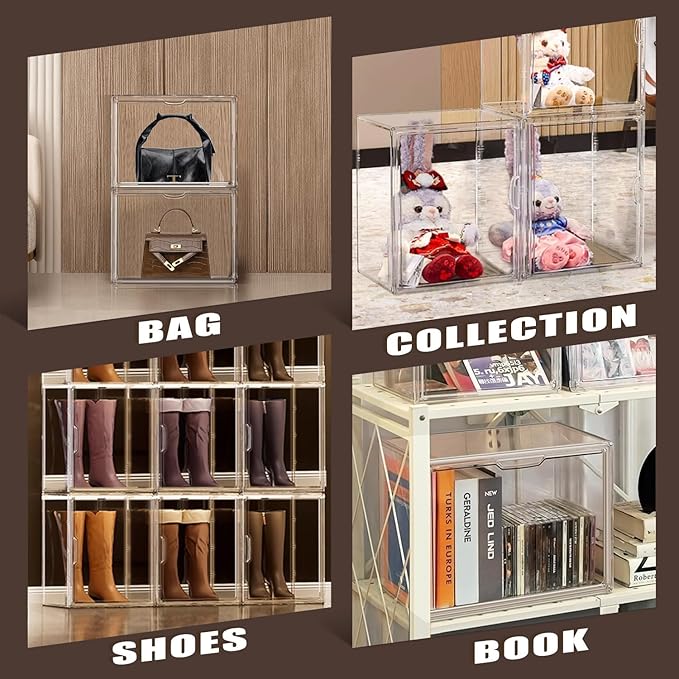 5 Pack X-Large Acrylic Shoe Box Size 14, Clear Sneaker Shoe Display Case Transparent Stackable Storage Box Purse Handbag Organizer, Figure Collectibles Showcase, Fit Underbed, Closet, Bathroom