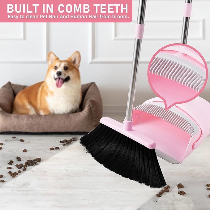 Pink Broom and Dustpan Set, 52” Long Adjustable Handle Broom with Dustpan Combo Set with Dust Pan Teeth to Clean Hair for Home Lobby Office