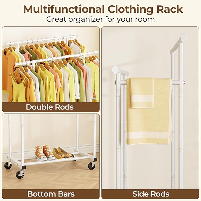HYSEYY Double Rods Clothes Rack, Rolling Clothing Rack for Hanging Clothes Portable Wardrobe Rack, Metal Garment Rack Sturdy Coat Rack for Bedroom Laundry Living Room, White