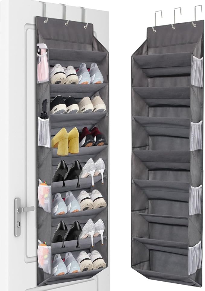 Over the Door Shoe Organizer Hanging with 8 Mesh Pockets 8 Wire Large Deep Pockets, 50lbs Weight Capacity Fits 16 Pairs Shoes Door Shoe Rack Store for Closet and Narrow Door 1 Pack