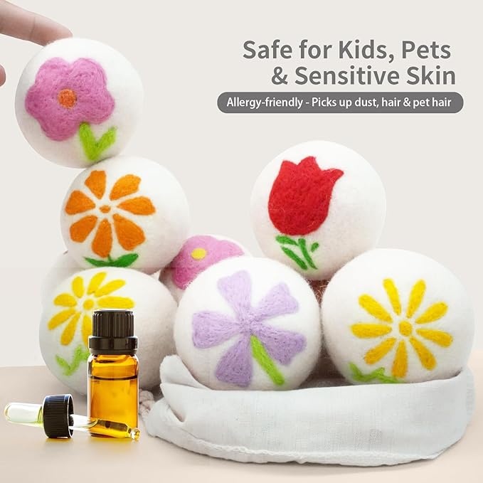 Wool Dryer Balls 6 Pack - 3 Inch XL, Dryer Balls Laundry Reusable with Unique Petal Embroidery, Natural Fabric Softener, Reduce Drying Time and Prevent Wrinkles
