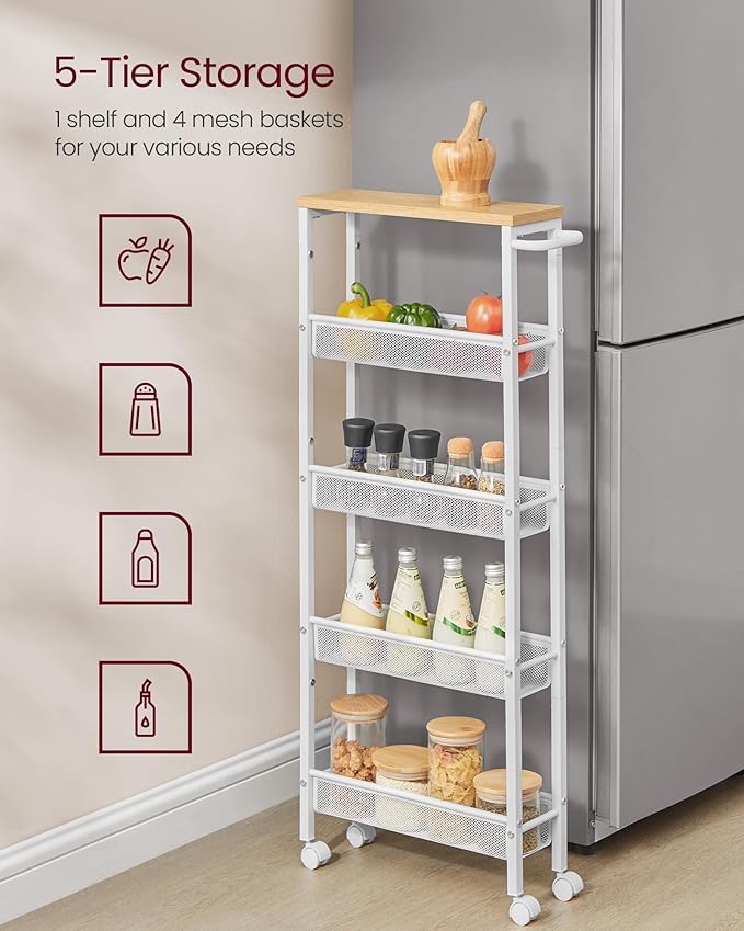 VASAGLE Slim Rolling Cart, 5-Tier Storage Cart, Narrow Cart with Handle, 5.1 Inches Deep, Metal Frame, for Kitchen, Dining Room, Living Room, Home Office, Oak Beige and Classic White ULRC034W09