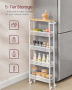 VASAGLE Slim Rolling Cart, 5-Tier Storage Cart, Narrow Cart with Handle, 5.1 Inches Deep, Metal Frame, for Kitchen, Dining Room, Living Room, Home Office, Oak Beige and Classic White ULRC034W09