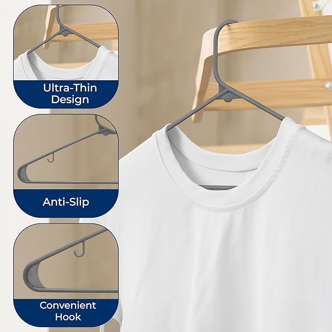 SereneLife 30 Pack Plastic Hangers, Non-Slip, Space-Saving Closet Organizers, Durable and Strong for Shirts, Sweaters, Hoodies, Kids Clothes & Dresses, Ultra-Thin, Lightweight
