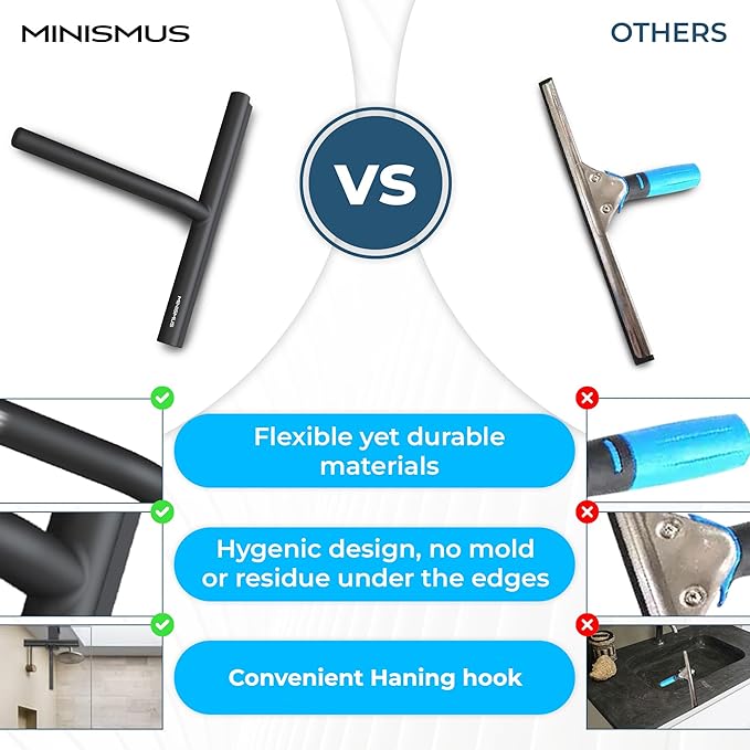 Minismus Shower Squeegee with Hook - Silicone Window Wiper - Shower Squeegee for Glass Doors - Glass Squeegee Bathroom Shower - Window Squeege (8.25 Inches, Black)