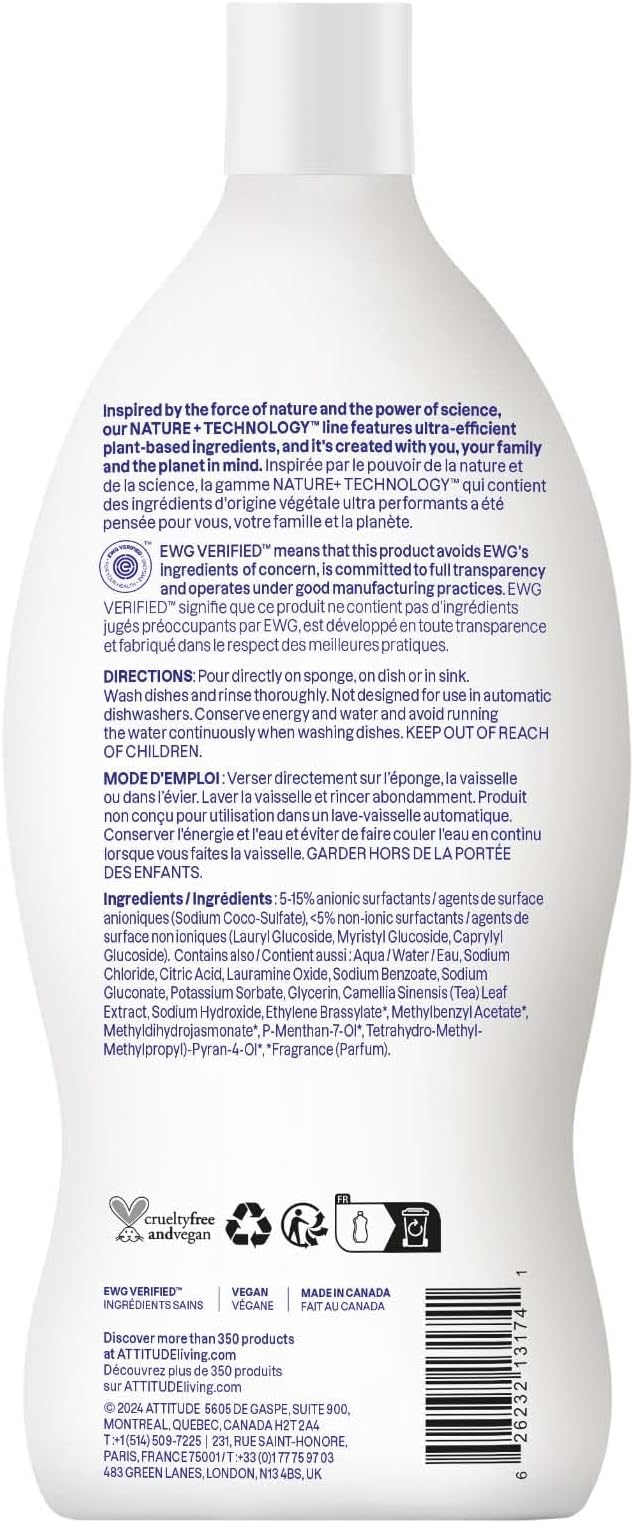 ATTITUDE Dish Soap, EWG Verified, Plant-Based & Vegan Dishwashing Liquid, Naturally Derived, Green Apple and Basil Scent, 23.7 Fl Oz