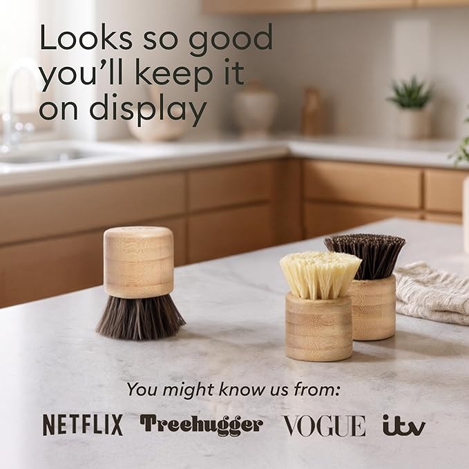 Vove Bamboo Scrub Brush Set, 3 Pack - FSC Certified Bamboo, Plastic-Free Natural Fiber Bristles, Sisal & Union Fibers, Stainless Steel - Kitchen Dish Scrubbing Set, 2 Hard, 1 Medium