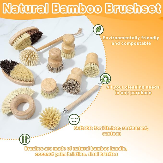 10Pcs Bamboo Dish Brush Set, Kitchen Brushes for Dishes, 7 Style Wooden Dish Brush with Ergonomic Handle, Value Bamboo Scrub Brushs Pack for Pots, Bottles and Vegetables