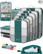 10 Set Compression Packing Cubes for Travel Essentials,Compressible Expandable Packing Cubes for Suitcase,OlarHike Luggage Organizer Bags,Handy Helper for Organizing Clothes(Dark Blue Green)