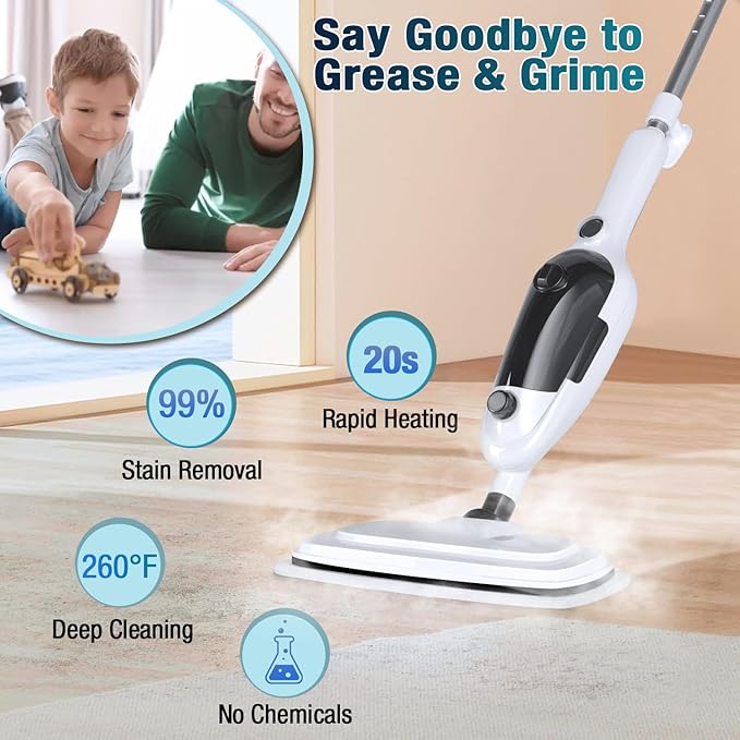 Steam Mop - 11-in-1 Steam Cleaner for Home with 15.2 OZ Water Tank & 23FT Power Cord, Detachable Steam Mops for Floor Cleaning MultiPurpose Steamer for Hardwood, Tile, Furniture with 11 Accessories