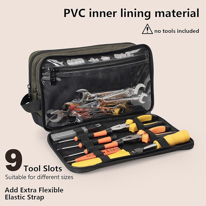 12-Inch Small Heavy Duty Tool Bag, 1680D Green Zippered Organizer with 3 Compartments & Multi-Pockets for Electricians, Mechanics, DIY, Grill & Camping Tools Storage, EDC Gear Utility Pouch