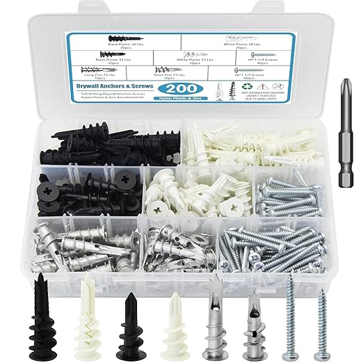 Dry Wall Anchors and Screws Kit, 200PCS Self Drilling Wall Anchors and Screws for Drywall,Sheetrock,Hollow Door,Plaster Wall - Zinc Metal & Nylon Plastic Assortment Drywall Anchors and Screws Kit