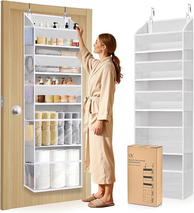 5 Tiers Over Door Organizer with 10 Mesh Side Pockets, 50 lbs Weight Capacity Hanging Storage Organizer with Clear Window Kids Toys, Shoes, Diapers, Light Gray