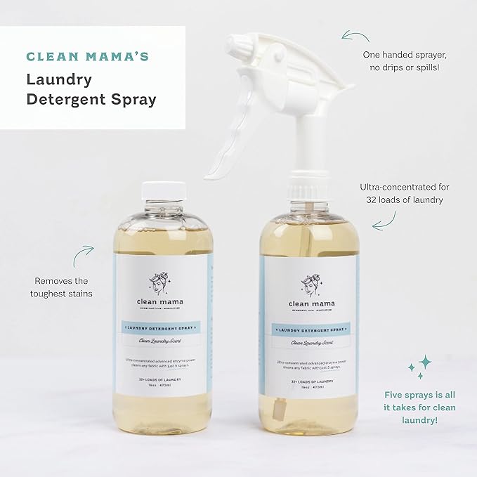Clean Mama Laundry Detergent Spray & Pre-Treater - Natural Laundry Detergent Soap for Sensitive Skin - Eco-Friendly, HE Compatible - Clean Laundry Scent - 32+ Loads of Laundry, 16 oz