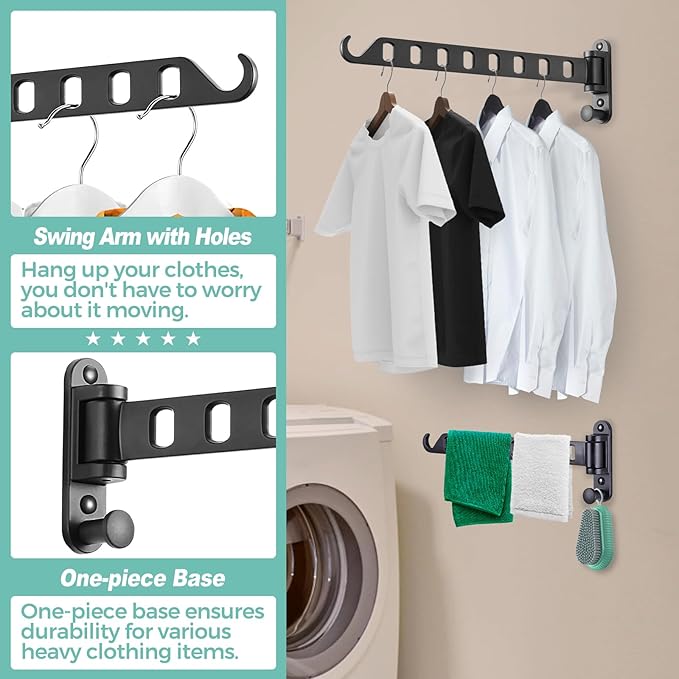 Laundry Drying Rack - Wall Mounted Clothes Hanger with Swing Arm, 8-Hole Hanging Bar & Swing Away Coat Hanger Holder, Foldable Space Saving, 180° Rotation (2-Pack, Black)