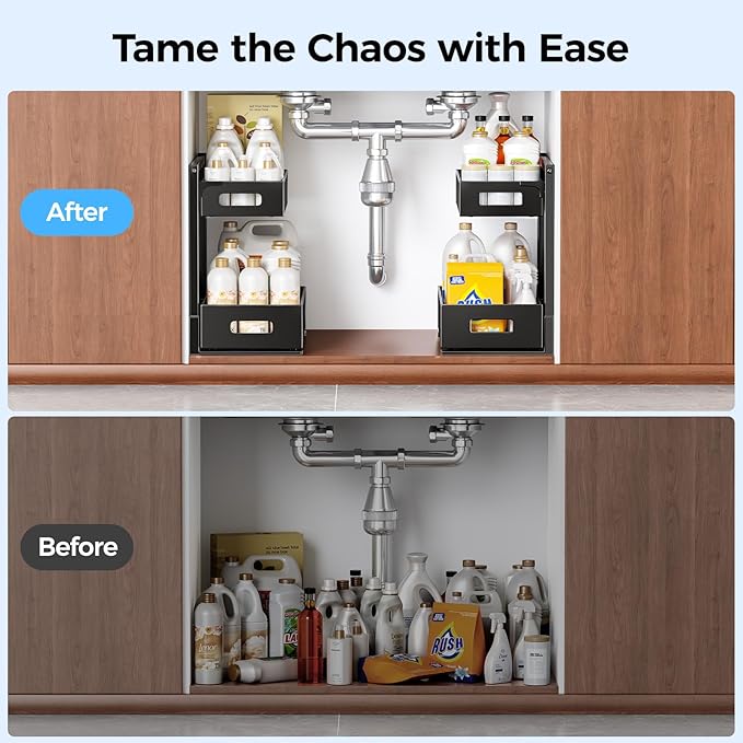 Under Sink Organizer 2 Tier, Adjustable Height Under Sink Organizers and Storage, Smooth & Silent Sliding Out Metal Drawer for Kitchen Bathroom Pantry Cabinet Closet