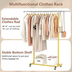 JIUYOTREE Rolling Clothes Rack with Shelf Clothing Garment Rack with Wheels Width Adjustable Clothing Organizer for Hanging Clothes Shirts Pants Skirts and Bags Gold