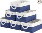 Storage Baskets for Shelves 11.8x7.9x5.2 Inch-Foldable Fabric Organizing Storage Bins with Handles, Closet & Bathroom Organizer, Home Storage for Kitchen, Office (6-Pack, White&Blue)