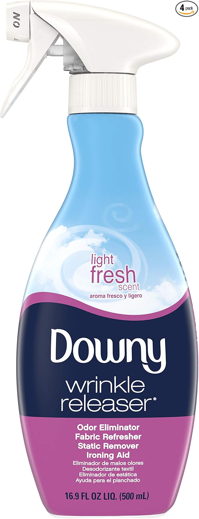 Downy Wrinkle Release Spray Plus, Static Remover, Odor Eliminator, Steamer for Clothes Accessory, Fabric Refresher and Ironing Aid, Light Fresh Scent, 16.9 Fluid Ounce (Pack of 4)