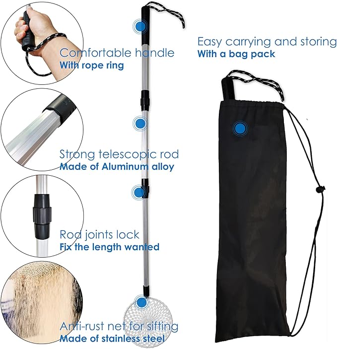 QMARK Sand Sifter Set with Travel Bag, Telescopic Beach Shell Scoop, 15-30 Inch Adjustable Shovels, 2 Pack