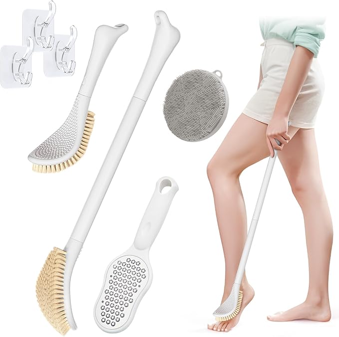 Foot Brush/Foot File/Silicone Body Scrubber Set(3PCS), 3-in-1 Foot Scrubber with Long Handle, 10.2’’-27.5’’Adjustable Foot Scrub Brush with Foot File and Silicone Loofah, Gift-Box(White Set)