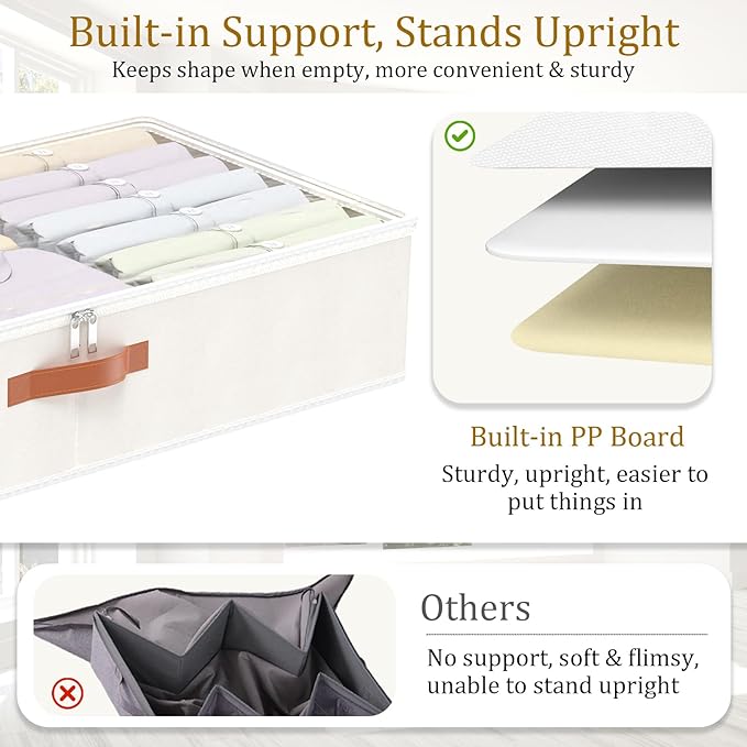 Yawinhe Under Bed Storage Containers, 4 Pack, Bin with Lids, Collapsible Closet Organizers, with Sorting Card Slot and 4 Leather Handles, for Blanket, Bedding, 31.5''Lx15.7''Wx6''H, Beige