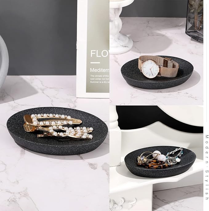Shinowa Soap Dish, Resin Soap Saver Sponge Dish Tray Mini Storage Tray for Bathroom Bedroom Vanity Table Kitchen Counter-Top Organization, Gravel Black