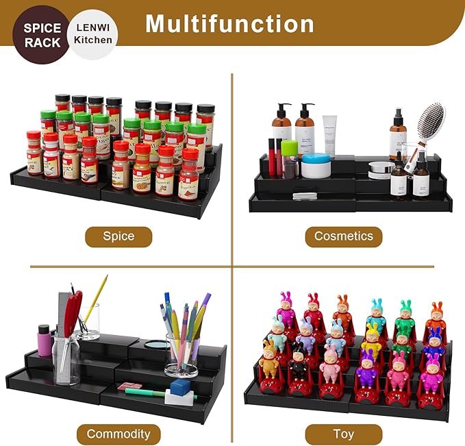 Spice Rack Organizer for Cabinet 2Pack, 3 Tier Expandable Bamboo Spice Storage, Great for Kitchen Cabinet, Cupboard,Pantry and More(Black)