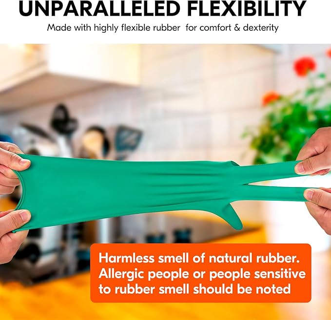 Vgo... 5-Pairs Reusable Household Gloves, Rubber Dishwashing gloves, Extra Thickness, Long Sleeves, Kitchen Cleaning, Working, Painting, Gardening, Pet Care (Size XL, Green, HH4601)