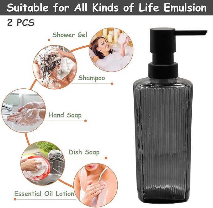 Gray Glass Soap Dispenser Set with Black Pump, 12oz Refillable Liquid Hand Dispenser, Lotion Dish Soap Dispenser for Modern Home Decor, Bathroom, Kitchen Countertop, Hotel(2 Pack)