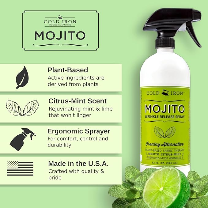 Cold Iron Wrinkle Release Spray for Clothes. 32 fl oz. Citrus Mint & Atlas Travel Size 3 fl oz Sea Breeze. Fast, Easy to Use Ironing Alternative. Spray, Smooth, Hang. Award Winning