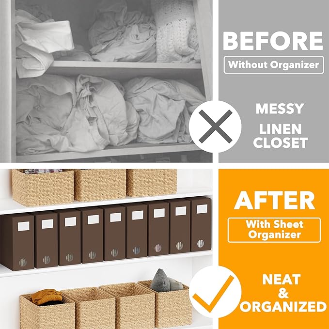 SpaceAid 9 Pack Bed Sheet Organizers and Storage, Foldable Sheet Organizer with Window for Linen Closet, Set Folder Keeper for Queen & King Size Bedding Storage (Brown)